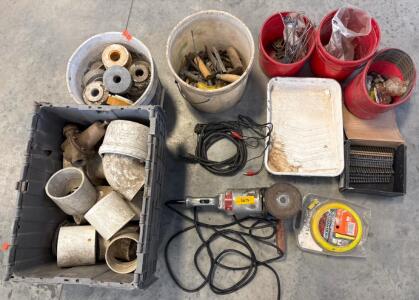 Workshop Mixed Lot: Angle Grinder, Hand Tools, Grinding Wheels, Plumbing Fittings, Fasteners
