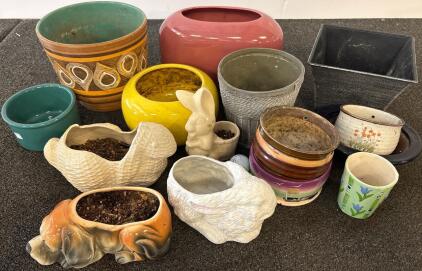 Lot of 13 Assorted Ceramic, Metal, and Novelty Animal Planters & Pots &ndash; Multi-Shape, Multi-Color