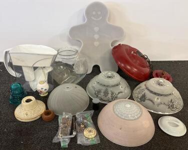 Vintage Glass Ceiling Light Shades (4), water filter, gingerbread tray with dividers and more