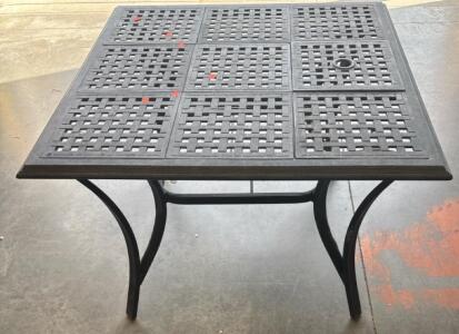 Square Black Cast Aluminum Lattice Outdoor Patio Table w/ Umbrella Hole, 42" x 42", can have 4 Seats