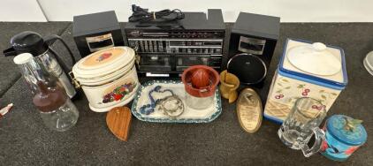 Fisher PH-443 Stereo w/ Dual Cassette, Speakers, Vintage Tins, Kitchen Decor Lot