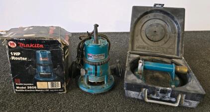 Makita 3606 1HP Router 115V with Box & Wood's Powr-Grip 8in Vacuum Suction Lifter + Case (Powers on)