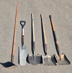 Lot of 5 Assorted Shovels & Grub Hoe, Wood/Steel Construction, Round & Square Point Blades