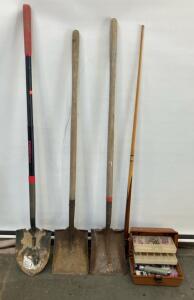 Shovel Lot (Razor-Back, 3 Total), 1-Piece Pool Cue, Central Pneumatic TIG Torch Accessory Kit In A Tackle Box