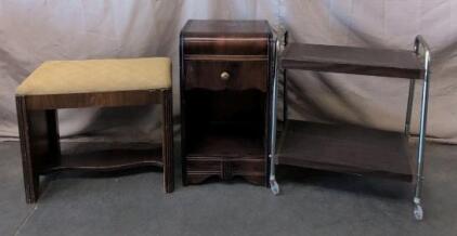 Art Deco Style Bedroom Set: Nightstand, Rolling Cart, Padded Bench, Wood & Metal Construction