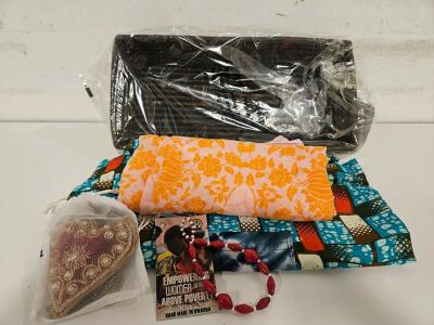 Handmade Rwandan Gift Set: Tote Bag, Scarf, Tie-Dye Cloth, Embroidered Pouch, Bead Bracelet