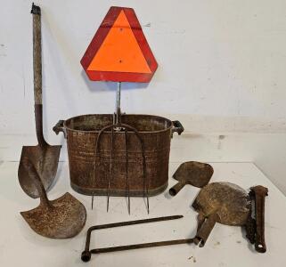 Large Lot Vintage Farm & Hand Tools w/ Shovels, Pitchfork, Bucket, Lug Wrenches, Pipe Wrench
