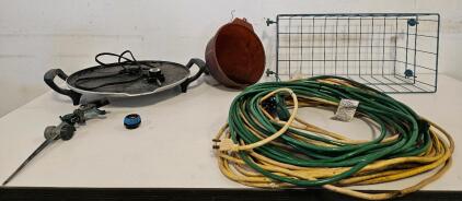 Vintage Garage & Home Lot: Extension Cord 50ft, Electric Skillet, 3-Tier Utility Cart, Impact Sprinkler