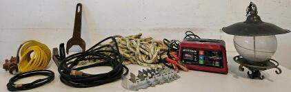 Assorted Tools Lot w/ Simpson LUS26 Joist Hanger, Rubber Hoses, Rope, Stanley Rasp, Lamp, Charger