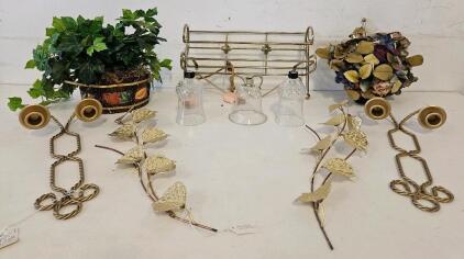 Pair Vintage Twisted Gold Metal Wall Candle Sconces, Dual Holders, Rope & Scroll Design, 17" Tall, Metal Shelf, 3 Lantern tops, two decorative plants.