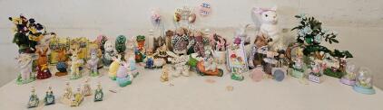 Large Easter Decor Lot: 35+ Figurines, Bunny Egg Shakers, Plush Rabbits, Snow Globes, Pastel Colors
