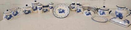 Hand-Painted Blue Fruit 21-Piece Ceramic Dinnerware Set, Creamer, Butter Dishes, Spoon Rests