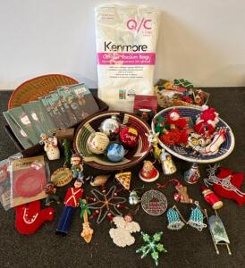 Holiday Ornaments Lot: Hallmark & House of Lloyd Collectibles, Kenmore Q/C Vacuum Bags, Woven Baskets
