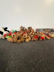 Large Lot Reindeer Plush Toys, Krusty the Clown, Cow Plush & PEZ Snow White Collector Set