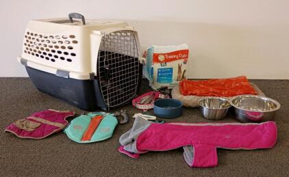Medium Dog Starter Kit: Carrier, Bed, Leash, Collars, Bowls, Jackets, Training Pads, Grooming Tools