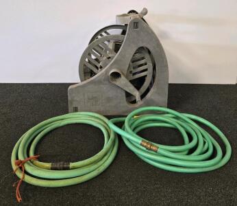 Melnor Manual Hose Reel Cart with 2 Green Garden Hoses, Heavy-Duty Plastic