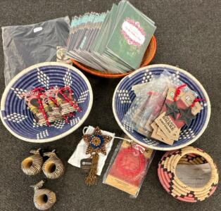 Fair Trade Gift Lot: Full Circle Baskets, Ornaments, Dress S, Cards, circle ornaments and stars