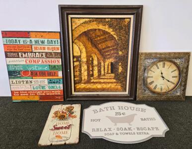 5-Piece Home Decor Lot: Inspirational Signs, Crockner Art, Vintage Bath Plaque & Ornate Wall Clock