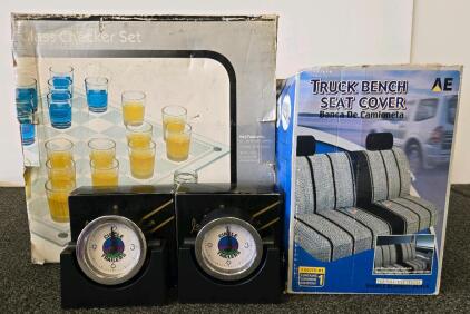 (2) Swinging Clocks, Car Seat Cover & Drinking Glass Checkers Set