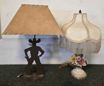 Vintage Cowboy Silhouette Western Table Lamp & Victorian Floral Porcelain Table Lamp Set, 21-23"
