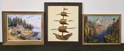 Framed Paintings & 3D Wooden Sailboat Wall Art Set &ndash; Cottage, Mountain, Nautical