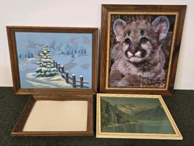 Framed Wall Art Lot &ndash; Cougar Cub Photo Print, Snowy Landscape Embroidery, Mountain Lake Print