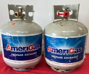 (2) AmeriGas 20 lb Propane Cylinders, Steel, OPD Valve, Net Weight 15 lbs, Serial 2372012