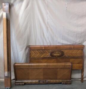 Art Deco Wooden Full Size Bed Frame with Carved Headboard, Footboard & Side Rails, 1930s-1940s