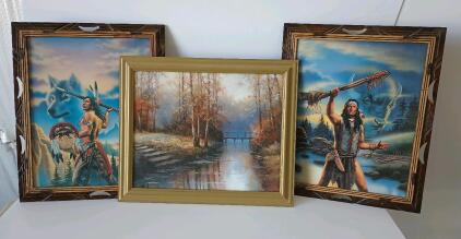 (2) Native American Wall Hangings 19" x 23", (1) Stream Side Painting 23" x 19"