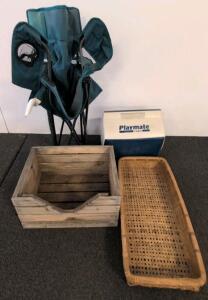 Coleman Folding Chair & Igloo Playmate Cooler with Wooden Crate and Large Woven Basket Tray