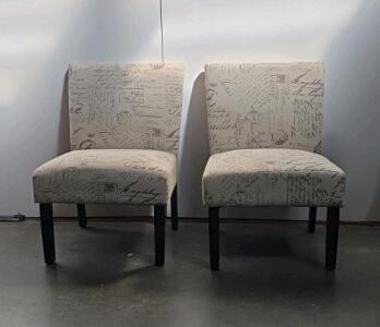 Set of 2 Armless Accent Chairs, Beige Script Fabric, Solid Wood Legs, Contemporary Style