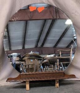 Large Round Freestanding Vintage Wood-Framed Mirror, 36" Diameter, Floor/Table Display