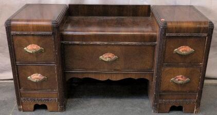 Art Deco Waterfall Vanity Dresser, 6 Drawers, Dark Wood, 48"x18"x30"