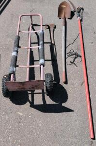 Hand Truck Dolly, Union Tools Round Point Shovel, Manual Pole Saw Pruner, Collins Single Bit Axe
