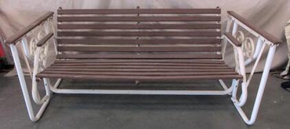 3-Person Metal & Wood Outdoor Patio Glider Bench with Ornate Scrollwork Sides, Brown/White