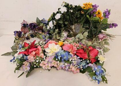 Large Mixed Lot Artificial Silk Floral Arrangements &ndash; Bouquets, Garlands & Wreaths, Multi-Color