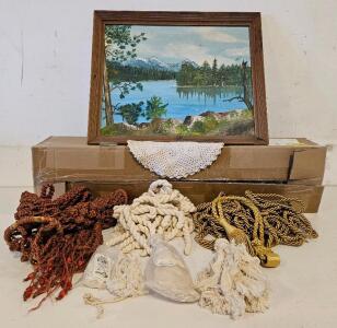 Variety lot including: Beautiful Mountainview Lake Scene Painting, Brown Handmade Macram&eacute; Plant Hanger, Muffler, Embroidery Bag with Tassels, Ropes, etc.