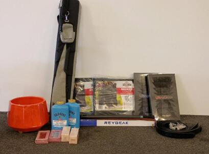 Assorted Lot: Gold Bond Foot Powder, Grillman Smoker Covers, REYGEAK Selfie Stick, UltraGlass