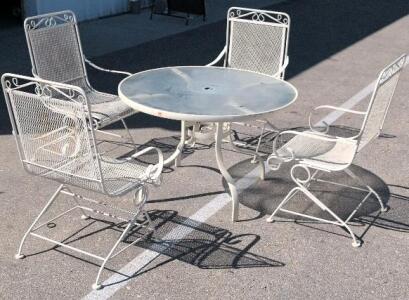 White Metal Mesh Patio Table Set, 42" Round Glass Table, 4 Rocker Chairs, Umbrella Hole