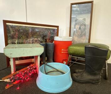 Mid-Century Chair, Rustic Step Stool, Pet Bowl, Rubbermaid Cooler, Boots, Wolf Prints Lot