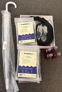 Men's Essentials Kit: 10 Bombas Black Underwear XS/S, 6 Armani Exchange Belts, 4 Bottles, and a cool Clear Umbrella