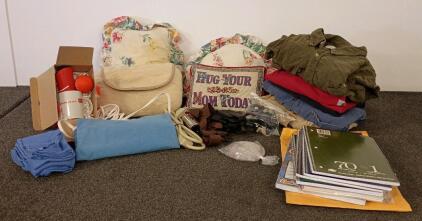 Large Mixed Lot: Woolrich & Carhartt XL Shirts, SoftHeat Heating Pad, Linens, Notebooks, Accessories