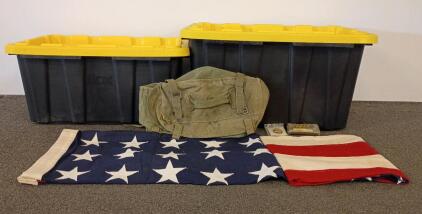 Valley Forge 5x9.5 ft US Cotton Flag, Military Musette Bag, HDX 27/17 Gal Totes, Medals Lot
