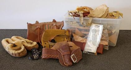 Large Vintage Leather Lot: Bags, Belts, Moccasins, Knife Sheath Kit, Leather Scrap Pieces In A 18 gal Bin
