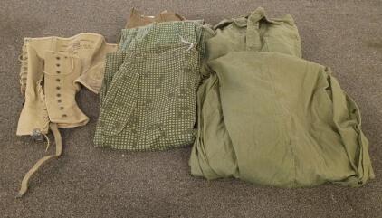 Military Surplus Lot: US M-1938 Leggings, Night Desert Trousers, Coveralls, Sleeping Bag Case, French 1970s Pants