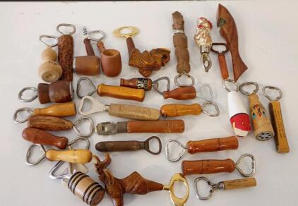 Large Lot Vintage Wooden Handle Bottle Openers, 1950s&ndash;1970s, Novelty & Advertising, 27 Pieces