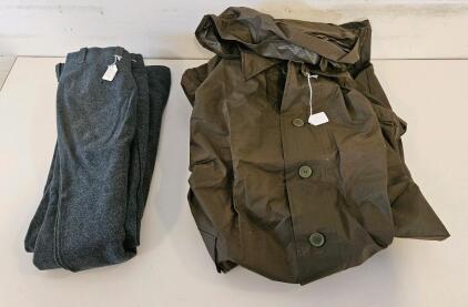 Men's Olive Hooded Raincoat and Grey Wool Pants, Size 30x30, Set, Button Front, #1498