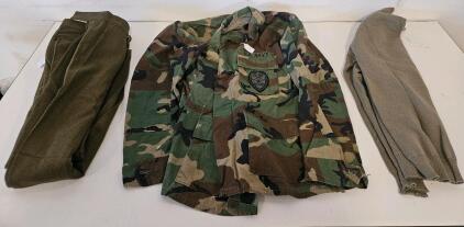 U.S. Navy Woodland Camouflage Utility Jacket w/Name Patch, Olive 30x31 Dress Pants, Sweater Set