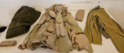 Military Outfits : Military Heavy Jacket (Small, Regular), Wool Pants (W-30, L-28), Dress Pants (W-30, L-28), Two Sleeping Shirts (Small), and more.