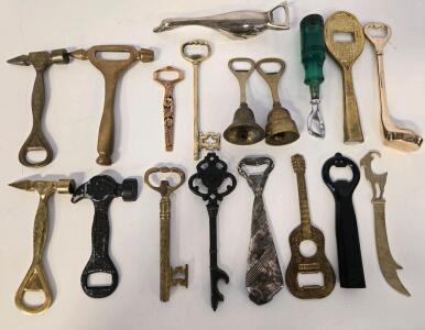 Lot of 18 Vintage Novelty Bottle Openers &ndash; Key, Hammer, Guitar, Bells, Gruenfeld Austria, Brass